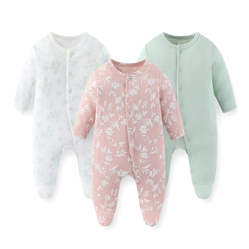 Image of JELYLOVE Unisex Baby Boy Girl Footies Rompers Cotton Long Sleeve 3 Pack Infant Jumpsuits 0-12Months Babies' Outfits