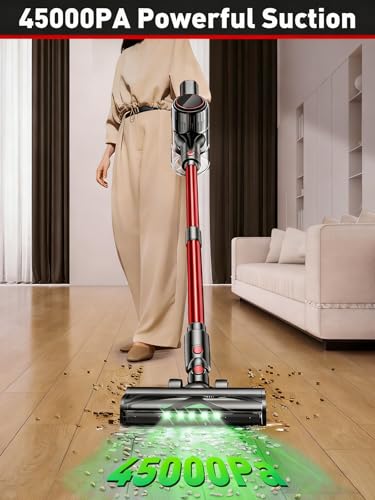 Image of Cordless Vacuum Cleaner, 45KPA 8-in-1 Vacuum Cleaners for Home, 45Mins Runtime, Anti-Tangle Stick Vacuum with LED Display, Rechargeable Lightweight Vacuum for Pet Hair /Carpet /Floor (Red)