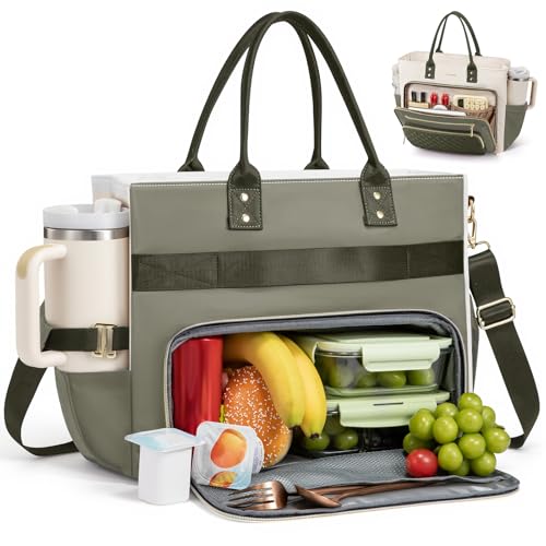 Image of LOVEVOOK Lunch Bag for Women, Large Capacity Insulated Tote with Laptop Compartment, Leakproof Work Bag with Cup Holder for Nurse Teacher fit 15.6 Inch Laptop, Water Resistant Crossbody Handbag