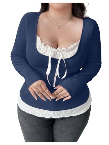 SOLY HUX Women's Plus Size Long Sleeve T-Shirts 2 in 1 Tie Front Fitted Tee Tops Coquette Aesthetic Clothes