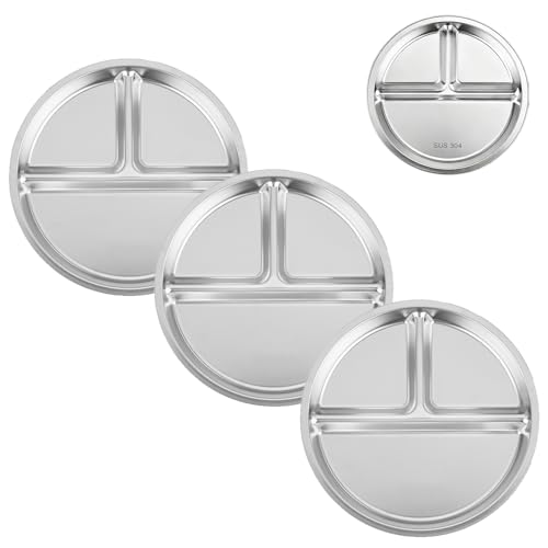 PandaEar 3 Pack Stainless Steel Divided Plates for Kids 8.1 Portion Control Plates with 3 Compartments Reusable Metal Dishes for Balanced Meals Camping & Home Use (3 Silver)