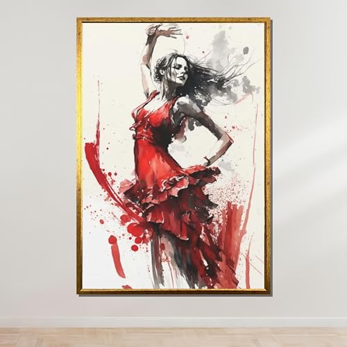 TONGYINLI Affiche sur toile représentant une danseuse de flamenco, peinture artistique en robe rouge, aquarelle décorative représentant une danseuse...