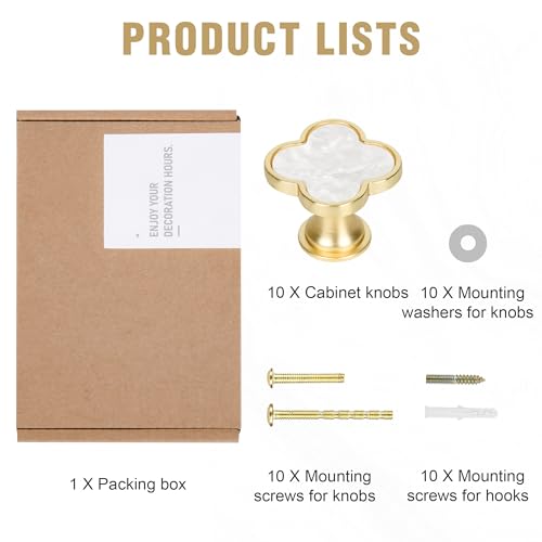 Dechours Clover Cabinet Knobs, 10 Pack 33mm Brushed Gold Drawer Knobs with White Pearl-Look Inlay, Decorative Gold Knobs for Kitchen Cabinets, Drawers & Dressers by Dechours - Used condition - Image 8