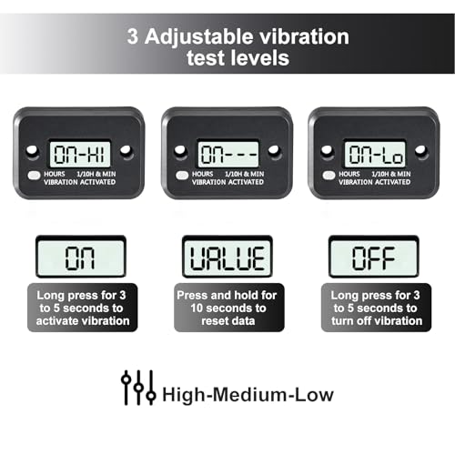 Small Engine Hour Meter Tiny Vibration Time Counter Monitor Hour Minute Display&Reset Button High-Medium-Low 3Modes hr Meter Test for Lawn Mower Dirt Bike Generator Marine Boat Outboard ATV Motorbike