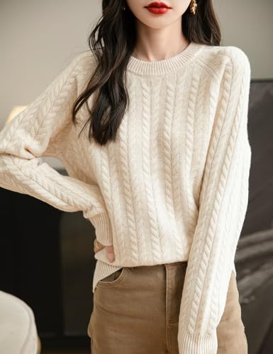 Women's Crew Neck 100% Merino Wool Sweater 2025 Fall Winter Vintage Cable Warm Long Sleeve Knit Pullover Tops4