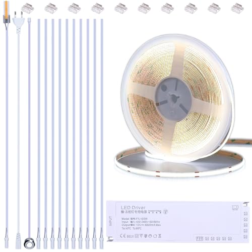 BENLUN Striscia LED COB Sottopensile Cucina 12V 10 Metri, Strisce LED Adesive 6000K Bianco Freddo, Tagliabile Dimmerabile CRI 93 8W/M con Dimmer e Alimentazione per Interni, Armadio