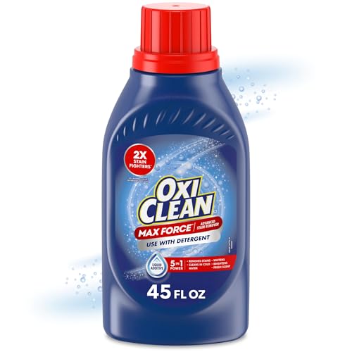 OxiClean Max Force Advanced Stain Remover Liquid, Color-Safe, Bleach-Free Kids and Baby Essential, Use with Detergent to Remove Messy Stains like Berries, Juice, Mud, Grass, 45 Fl Oz