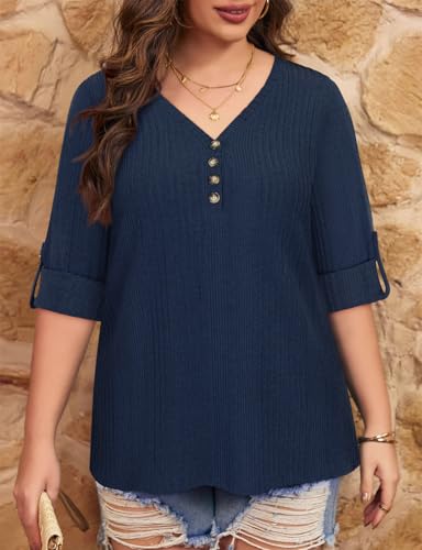 Image of Koscacy Women Plus Size V Neck 3 /4 Roll Sleeve Sweater Casual Knit Tops Solid Color Blouses