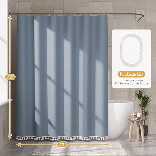 Image of AmazerBath Blue Boho Shower Curtain with Tassels, Farmhouse Shower Curtains for Bathroom, Faux Linen Shower Curtain Rustic with Hooks, Vintage Shower Curtain Set, 72x72 Inches