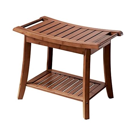 Forevich Bamboo Shower Bench Stool with Storage Shelf Waterproof Shower Chair Spa Bath Seat Excellent for Indoor Use Chestnut Brown Cover