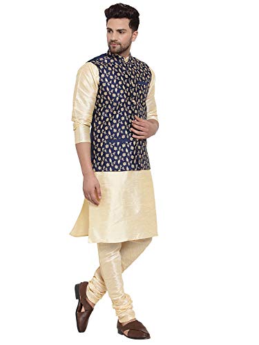 Image of KRAFT INDIA Men's Stylish Silk Kurta with Churidar & Nehru Jacket Set