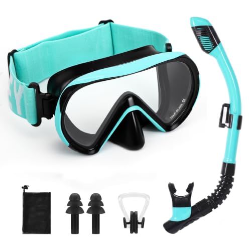 HIKOTEY Schnorchelset Kinder mit elastischem Stoffband,Taucherbrille Anti-Fog und Trocken Schnorchel,Schnorchelmaske 180°Panorama HD Anti Nebel Anti-Leck Tauchmaske für 4-16 Jahre (Bläulich-schwarz)