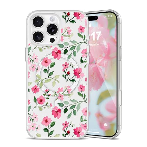 Coque pour iPhone 16 Pro EYZUTAK transparente et fine avec motif fleurs magenta