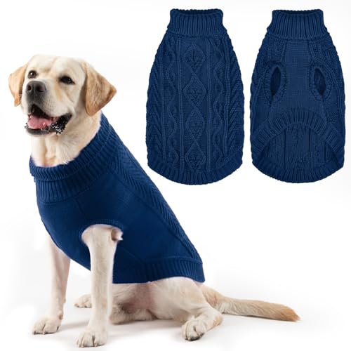Image of PUPTECK Dog Sweater, Turtleneck Warm Knitted Pullover Coat, Thick Cable Knitwear Clothes in Winter, Pet Apparel Outfits for Large Dogs, for Cold Weather Indoor & Outdoor, Deep Blue L