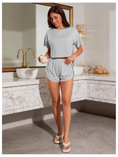 Image of OYOANGLE 2 Pack Pajama for Woman Set Summer Cute PJ Sets Striped Short Sleeve Tshirt and Split Shorts Lounge Set
