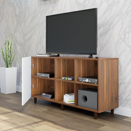Image of VIKI Modern TV Unit for Living Room | Engineered Wood TV Cabinet with 1 Door Storage & 2 Open Shelves, Entertainment Unit, 140W x 74H x 40D cm | DIY | 1 Year Warranty (Walnut & White)