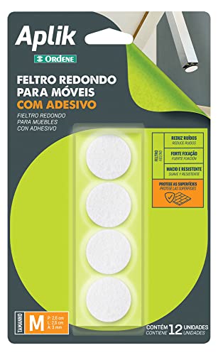 Feltro Adesivo para Móveis, Redondo, Tamanho M, Contém 12 Unidades, Cor Branca, Linha Aplik, Ordene.