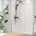 MORDEER 34" W x 72" H Semi-Frameless Shower Door Screen, Clear SGCC Tempered Glass Shower Panel with Explosion-Proof Film, Fixed Shower Glass Panel with Aluminum Alloy Frame for Walk-in Shower, Gold