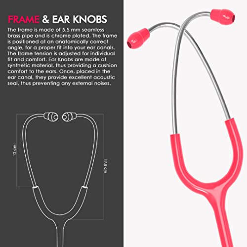 Image of ELKO EL-160 Primus III AL Aluminum Head Stethoscope For Doctors and Medical Students | Double Sided Chest Piece For Adult & Pediatric Patients | U-Shaped PVC Tubing | Soft Sealing Ear Knobs (Pink)