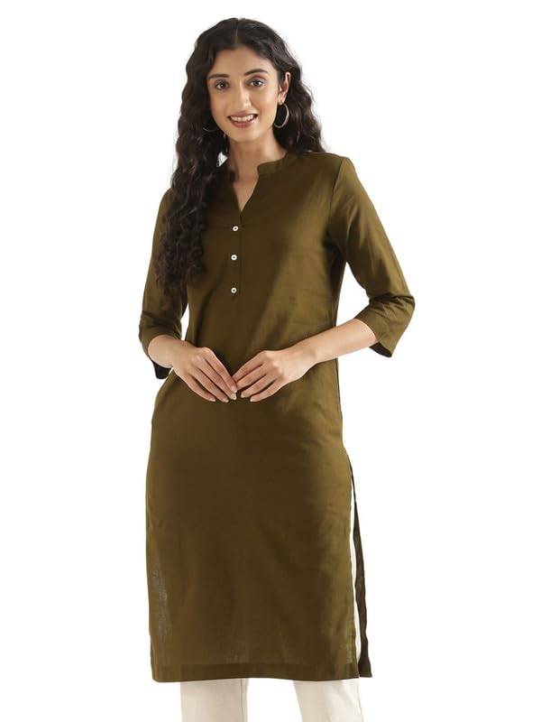 Image of SAADAA Women's Linen Straight Fit Straight Long Kurta Airy Plain Kurta, 3 /4 Sleeve, Knee Length Kurtis with Pockets, Casual and Office Wear