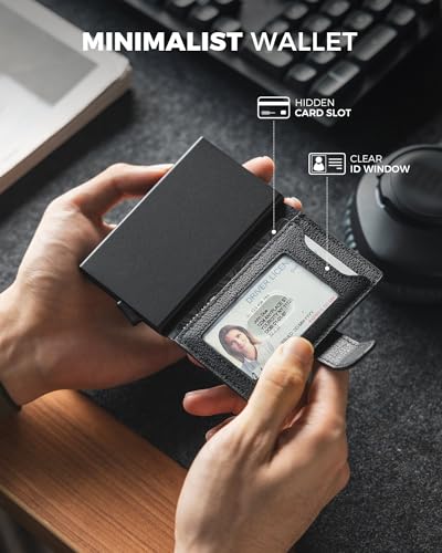 Image of VULKIT Slim Bifold Pop up Wallet Minimalist Leather Card Holder RFID Blocking Metal Card Case with ID Window for Women | with Leather Slots