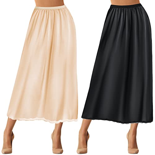 2 Pieces Half Slip Lace Long Underskirt Women's Satin Half Slip Half Slips for Under Dresses Slip, Black, Beige, X-Large