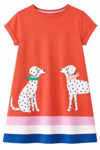 HILEELANG Girls Cotton Dress Short Sleeve Dog Applique Color Block Coral