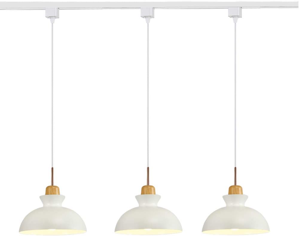 Dimmable Art Macaron White Juno Track System Modern Pendant Light with Metal Lampshade Wooden Rose Gold Handle J-Type Track Mount Pendant Light for Kitchen Island Customizable 3 Light,4ft