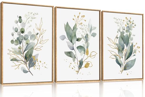 Image of KAIRNE Watercolor Gold Eucalyptus Leaf Canvas Wall Art Set 12x16inch x3