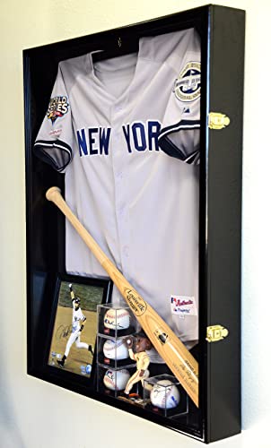 sfDisplay.com,LLC. Sports Jersey Display Case Select Your Size 98% UV Lockable 3 Sizes to Choose Uniform Jacket Frame (Black Wood Finish, Extra Deep Jersey=38x29x4.75)