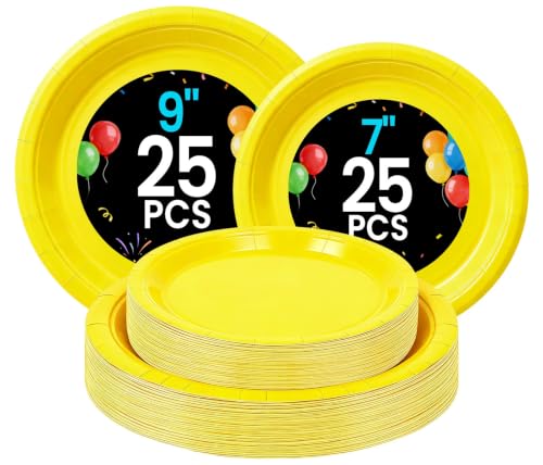 LANLISA Yellow Paper Plates - Disposable Plates for Party, 25-9" & 25-7"