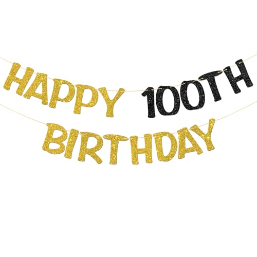 Bannière « Happy 100th Birthday » – Guirlande de fête pour 100e anniversaire – Décorations de fête « Cheers to 100 Years » – Paillettes dorées et noires