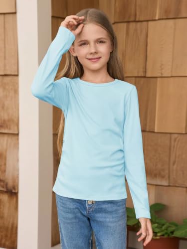 Image of Haloumoning Girls Long Sleeve Shirts Crewneck Ruched Side Slim Fit Tops Ribbed Knit Casual Tee Shirt 4-15 Years