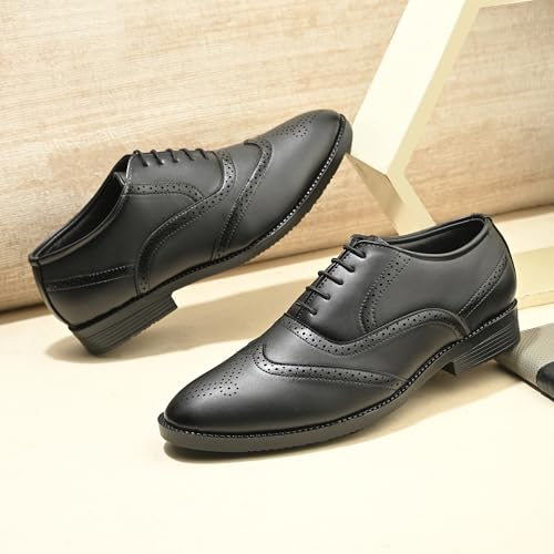 Image of Premium Classic Business Casual Brogue Shoe, Black, Lace-Up Oxford Style, Wingtip Design