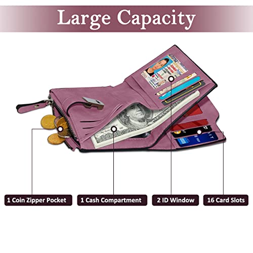 HNOOM Small Wallets for Women, Small Purse with Zipper Coin Pocket, Women's Wallet PU Leather Soft Ladies Purse Bifold Compact Womens Wallet with 16 Card Slots and Multiple Compartment (Purple-S) - Image 3