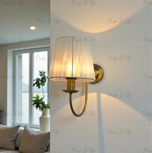Image of Prop It Up Vintage Wall Sconce Light with White Fabric Shade for Home, Golden Antique Finish wall lamp for Hall, E27 Holder, Metal Frame, Indoor Lighting, Bulb not Included