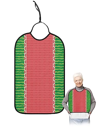 LEOKOTI Summer Watermelon Adult Bibs for Eating, Waterproof Bibs with Food Catcher & Adjustable Snap Closure, Farmhouse Red Teal Striped Washable Clothing Protectors Adult Bibs for Elderly Women/Men