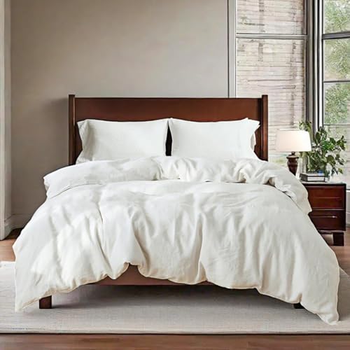 QKTE 100% Linen Duvet Cover Set, 3 PCS Natural French
