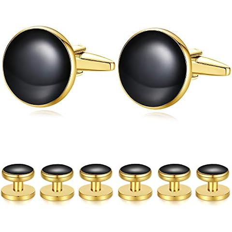 Honey Bear Herren Manschettenknöpfe 1 Paar und 4 Stück Frackknöpfe,MEHRWEG (Schwarz mit Gold) Cover