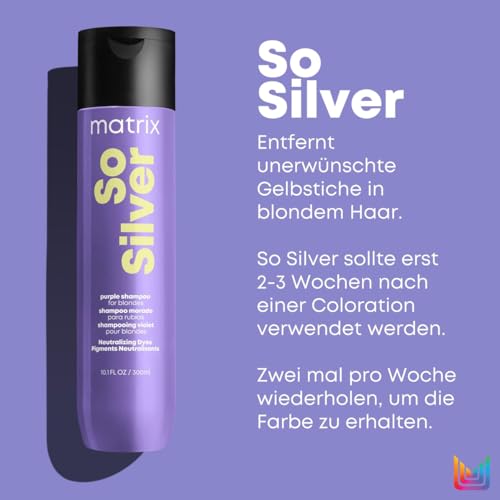 Foto von Matrix Haarshampoo für blondes und graues Haar zur Neutralisation von Gelbstichen, Mit Violett-Pigmenten, So Silver Shampoo, 1 x 300ml