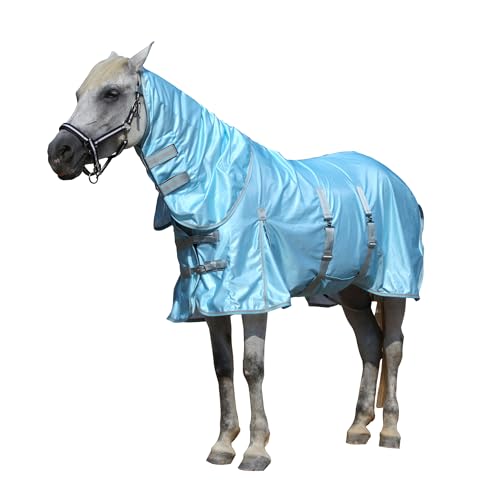 Gallopoff Horse Fly Rug Lightweight UV Protection Mesh Fly Sheet with Belly Wrap Tail Flap & Detachable Neck Cover Light Blue 60