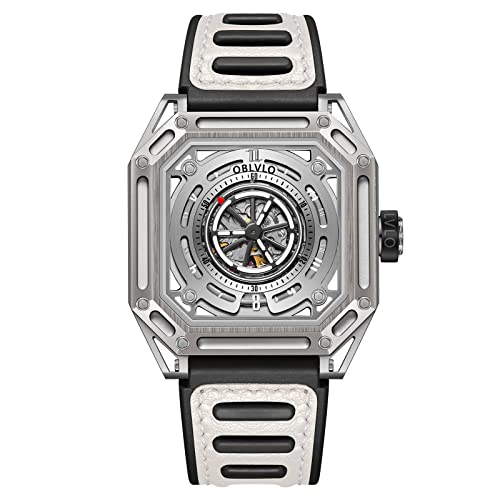 OBLVLO Luxury Square Luminous Self-Wind Mens Watch Fashion Mechanical Automatic Waterproof Sport Watch Rubber Watch AK (AK-S-YWWB)
