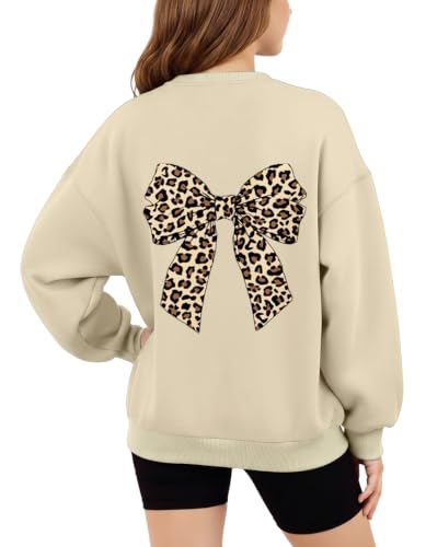Arshiner Girls Oversized Crewneck Sweatshirt Kids Fashion Fleece Pullover Sweater Cream Bow Crewneck Sweatshirt Size 9-10 Years