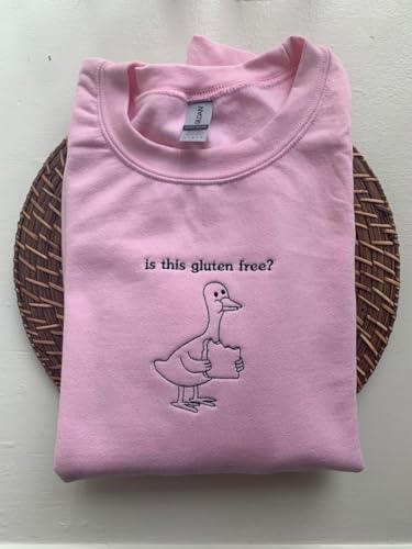 Is This Gluten Free? Duck Embroidered Sweatshirt | Kawaii Duck Crewneck | Funny Gluten Free Sweatshirt | Funny Duck Meme Embroidered2