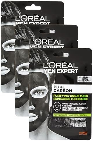 L'Oréal Men Expert Pure Charcoal Purifying Tissue Face Mask for Men 30g (Pack of 3)