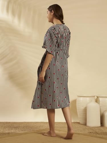 Image of Ravaiyaa Women Printed Cotton V-Neck Knee Length Kaftan Dress Nighty