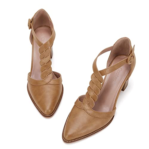 Image of Coutgo Womens Block Chunky Heels T Strap Pointed Toe Work Dress Shoes | Closed Toe Pumps, 2.6-In Stacked Heeled Sandals, Adjustable Ankle Strap, Party Prom, Wedding, Office
