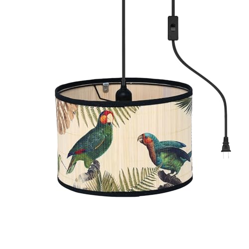 Bioaqua Bamboo Pendant Light with Plug in Cord (15ft),Macrame Boho Hanging Lamp with Pattern,Bohemian Hanging Lights for Kitchen Bedroom Living Room Decor Bamboo lamp Shade