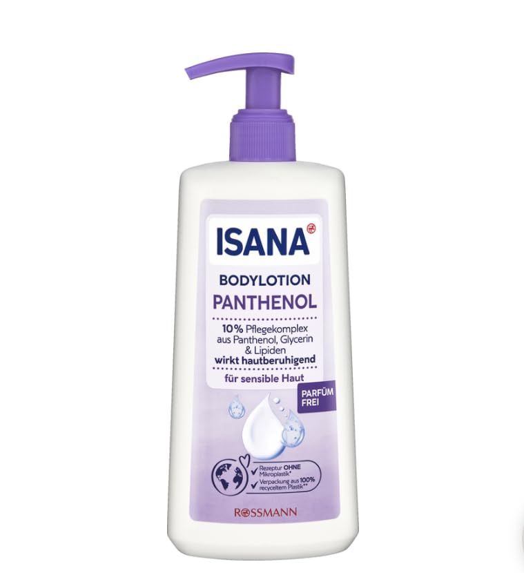 Loción corporal ISANA Pantenol – Complejo 10% de cuidado con glicerina y lípidos vegetales, sin perfume, cuidado calmante para pieles sensibles, vegano, sin microplásticos, 300 ml