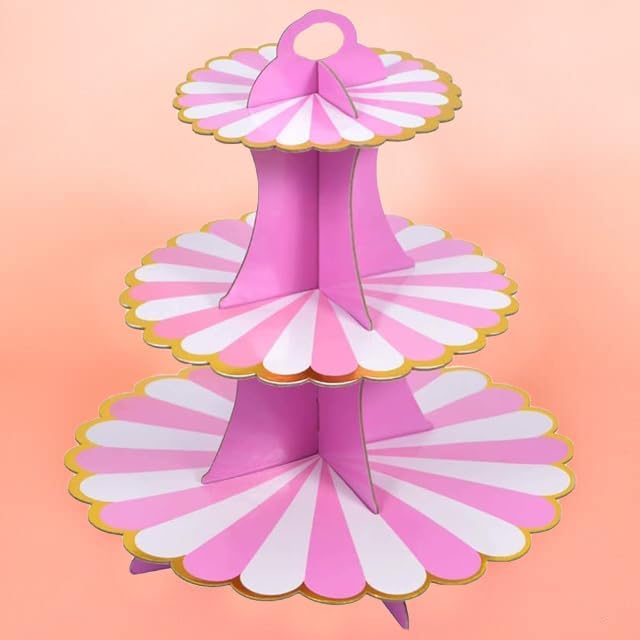 Birthday Wedding Party Supplies 3 Tier Layer Cupcake Dessert Paper Round Shape Stand Display Rack (Light Pink)